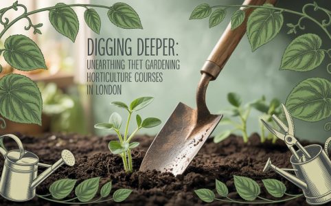 Digging Deeper Unearthing the Best Gardening Horticulture Courses in London’ with a leafy green botanical design and garden tools.