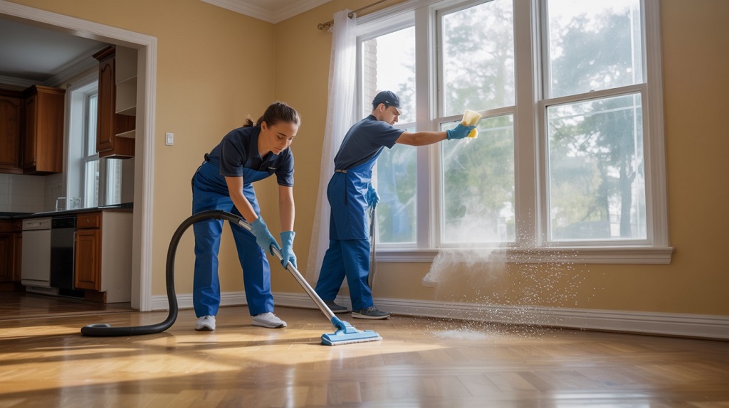 Professional cleaners preparing a home for move-in, scrubbing surfaces and ensuring a spotless living space.