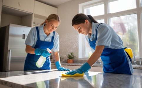 Cleaners at work during a move-out, making a house pristine for the next occupants.