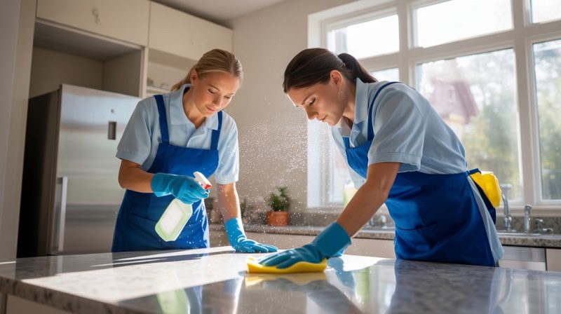Cleaners at work during a move-out, making a house pristine for the next occupants.