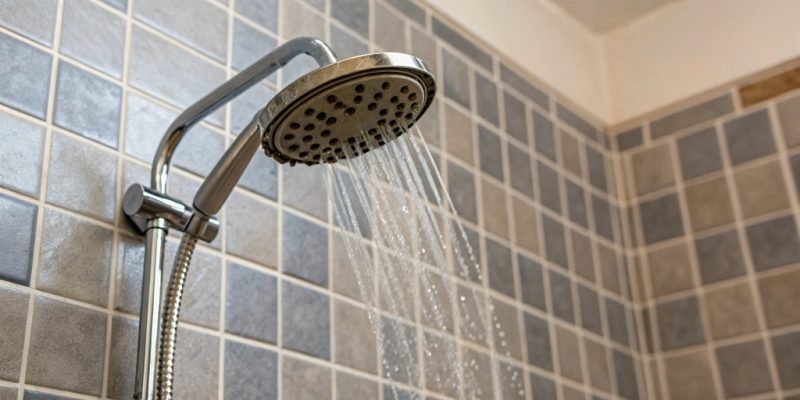 Illustration showing a bathroom shower with the shower head slightly off-center, questioning if shower heads need to be perfectly centered