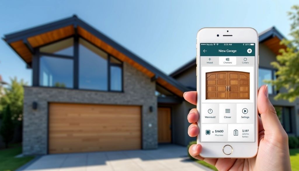 Futuristic sustainable garage door in the UK, highlighting energy-efficient materials and automated smart systems for eco-conscious homes