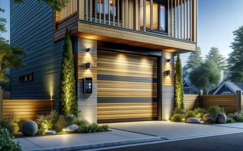 Modern UK garage door equipped with smart technology and eco-friendly features, symbolizing the shift from smart to sustainable home solutions