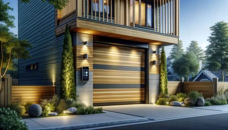 Modern UK garage door equipped with smart technology and eco-friendly features, symbolizing the shift from smart to sustainable home solutions
