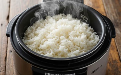 Close-up of steaming white rice from Elite Gourmet ERC003B cooker on a wooden table