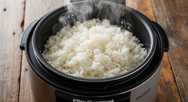 Close-up of steaming white rice from Elite Gourmet ERC003B cooker on a wooden table