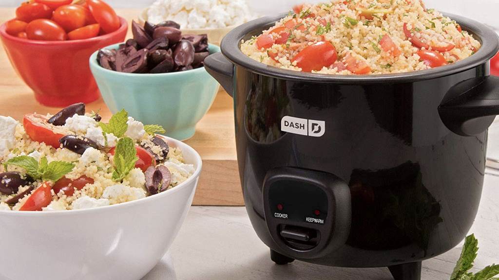 Portable Dash DRCM200 mini rice cooker with quinoa steaming outdoors on picnic blanket