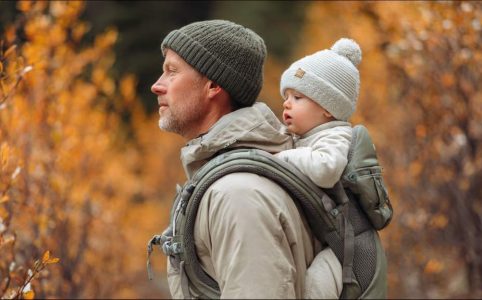 Active parent hiking with baby in ergonomic carrier M-position