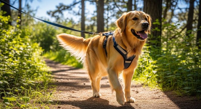 Happy golden retriever walking loose leash in no-pull dog harness on sunny trail
