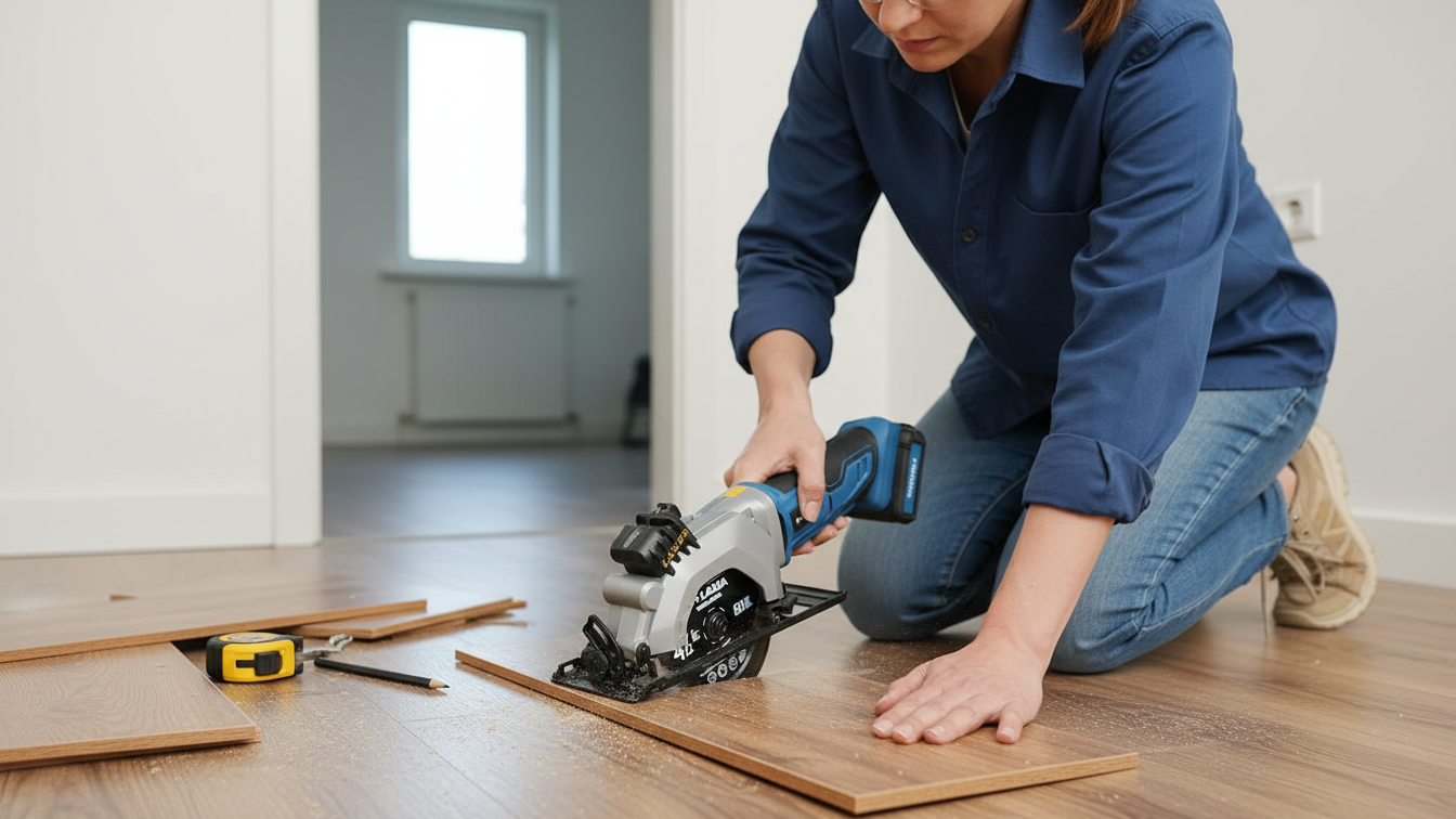 DIYer using a mini power saw to trim laminate flooring near a doorway