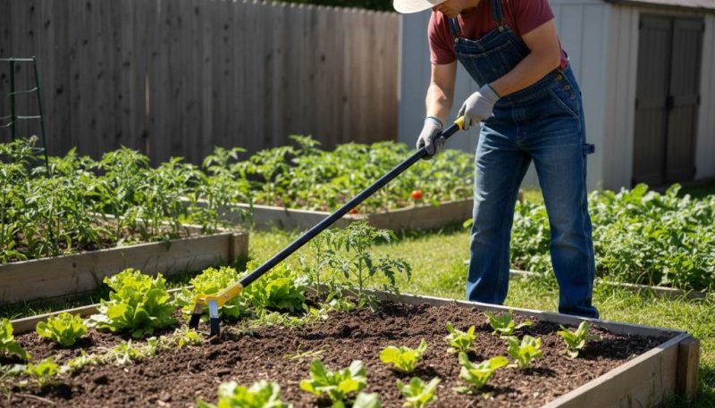 Gardener using a scuffle hoe to efficiently remove young weeds from a vegetable bed on a sunny day