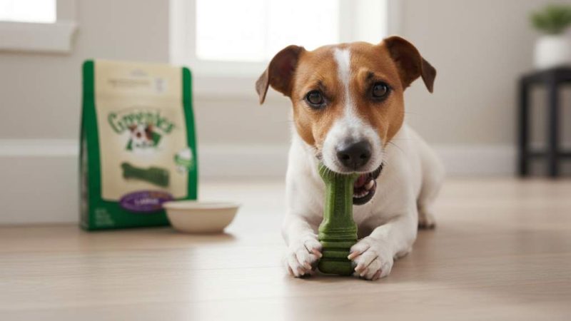 Happy dog chewing on dental treat for oral health maintenance