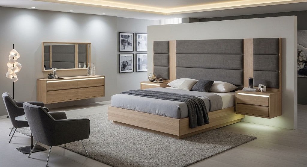 Minimalist modern king bedroom set in neutral tones