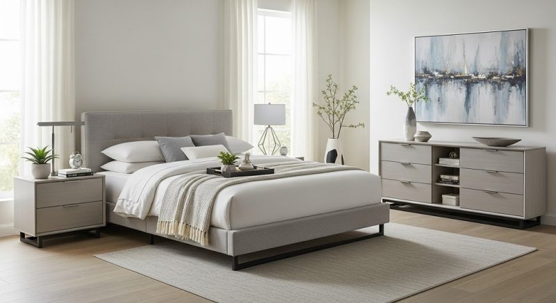 Modern king bedroom set with platform bed and nightstands