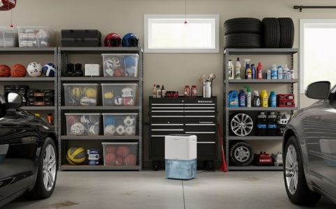 Garage dehumidifier with water collection bucket running in two-car garage with organized storage shelves