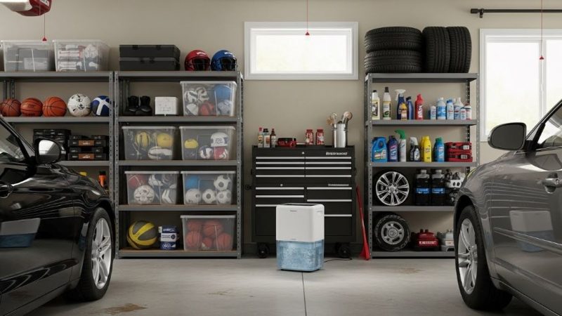 Garage dehumidifier with water collection bucket running in two-car garage with organized storage shelves