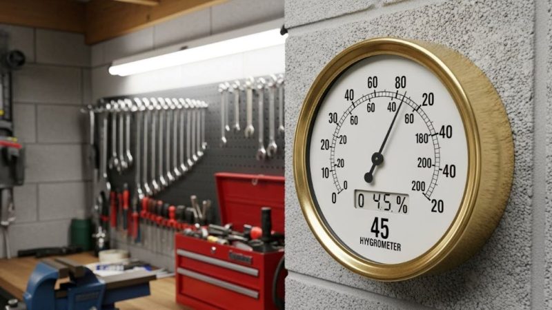 Hygrometer displaying humidity level of 45 percent mounted on garage wall near metal tools and equipment