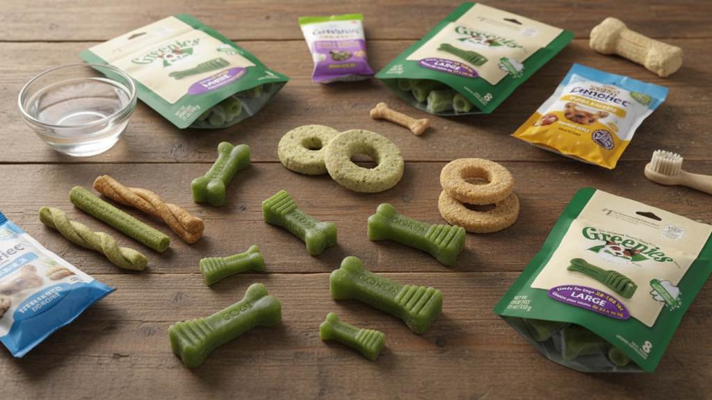 Variety of dog gum health treats displayed on a table
