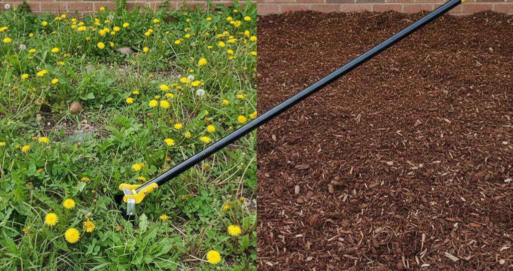 a weedy garden bed transformed into a clean, mulched plot after proper hoeing
