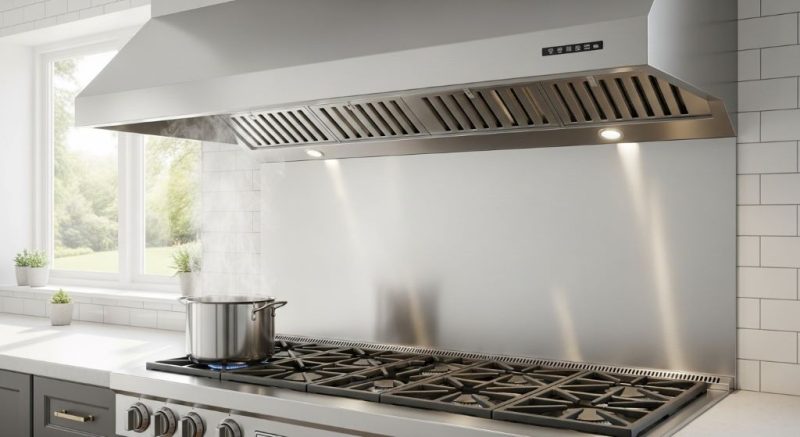 Stainless steel range hood mounted above gas cooktop showing proper sizing that extends beyond cooktop width for effective ventilation