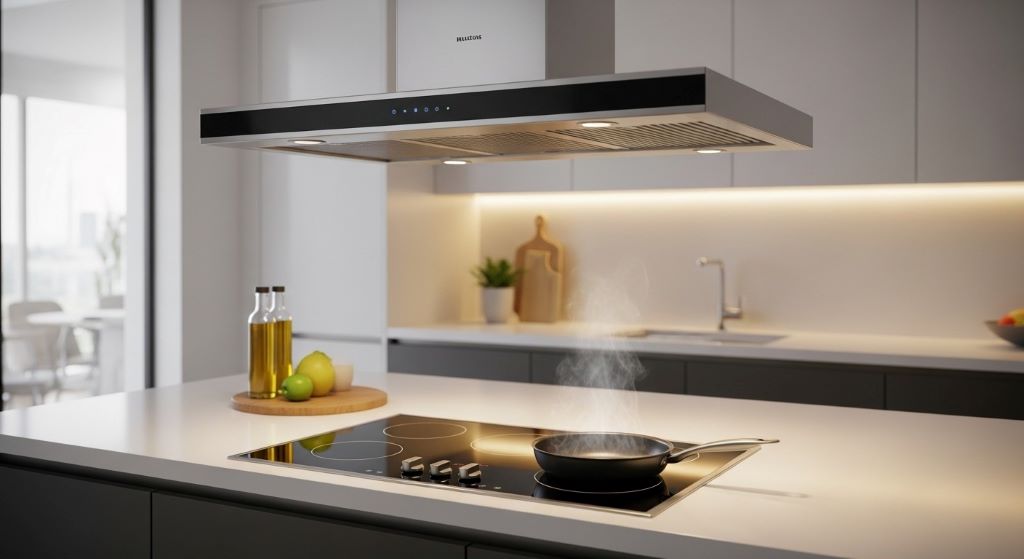 Kitchen island with overhead range hood demonstrating correct mounting height and width coverage for optimal cooking fume capture
