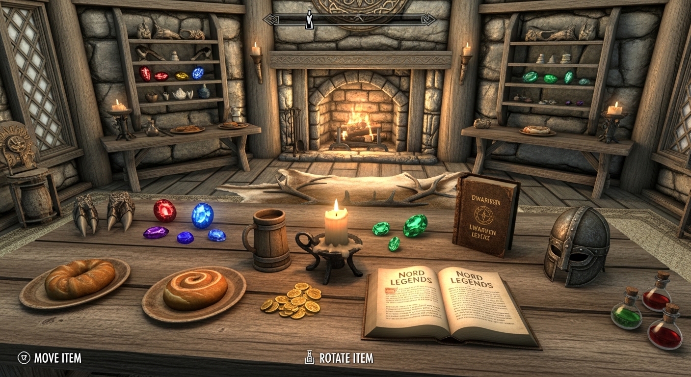 Skyrim weapon rack and armor mannequin display setup inside player house