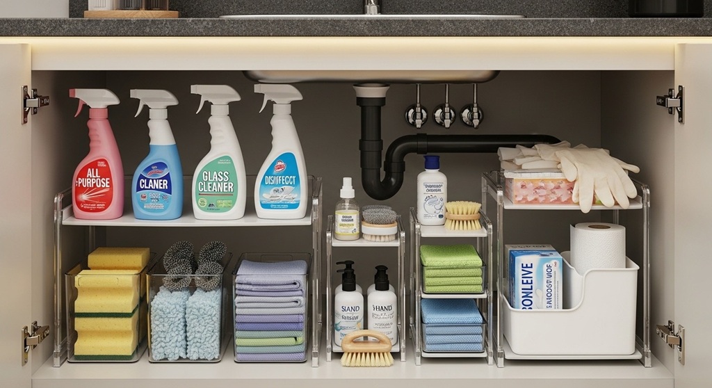 Simple and effective storage solutions for cleaning products in small spaces.