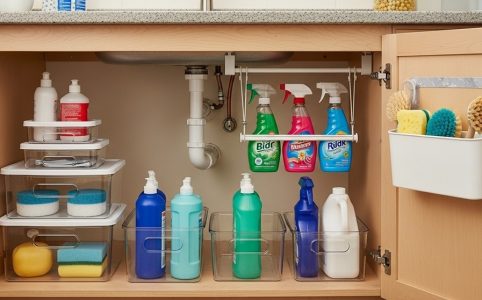 Organized cleaning supplies under the sink with baskets and shelves.