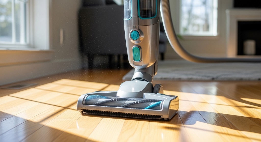 Soft brush vacuum head cleaning hardwood floor safely