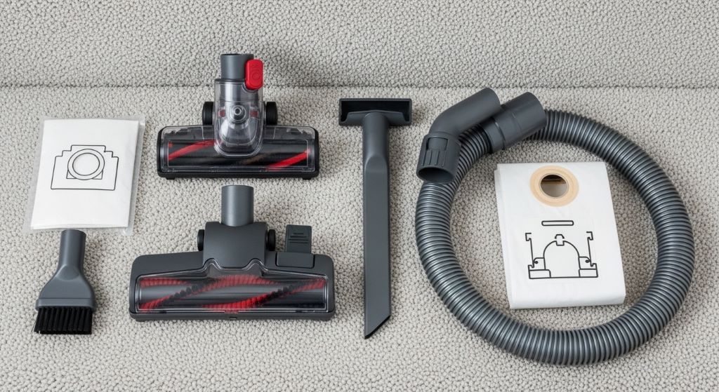 A flat lay of budget-friendly vacuum cleaner accessories including a motorized brush head, crevice tool, and flexible hose on a carpeted stair surface.