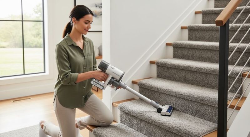 A person using a lightweight cordless handheld vacuum to clean a carpeted staircase in a bright modern home, demonstrating easy carpet stair cleaning technique