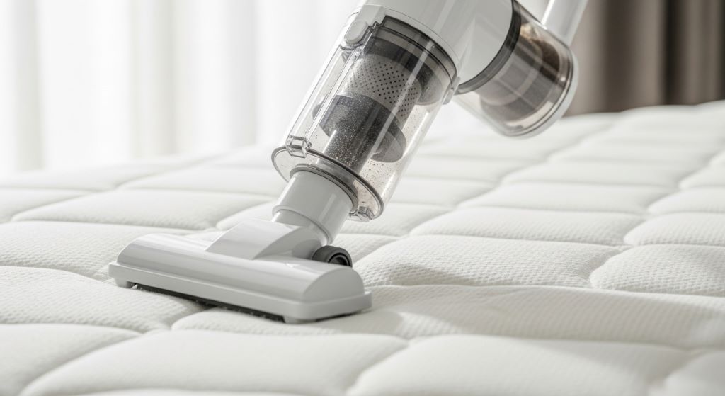 Close-up of a handheld bed vacuum cleaner on a white mattress as part of a weekly home cleaning routine