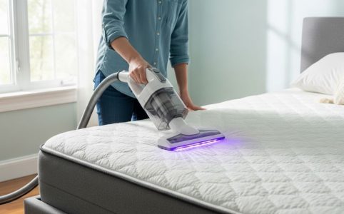 A person using a specialized mattress vacuum cleaner with UV-C light to sanitize mattress surface in a bright bedroom