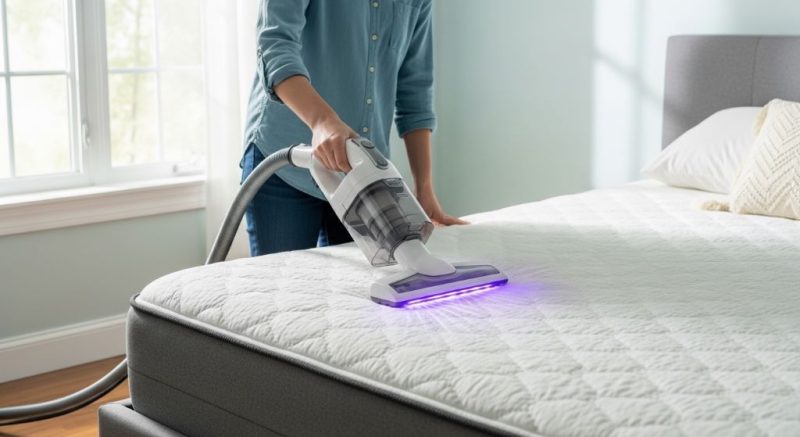 A person using a specialized mattress vacuum cleaner with UV-C light to sanitize mattress surface in a bright bedroom