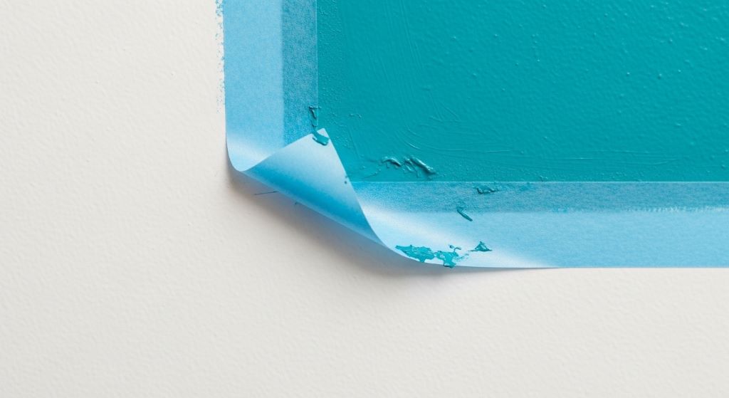 Close-up of a freshly painted wall with painter's tape being peeled back to reveal a sharp, bleed-free edge