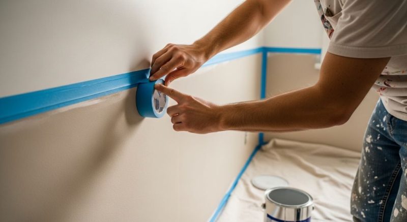 A person carefully pressing painter's tape along a wall edge before painting to achieve clean paint lines