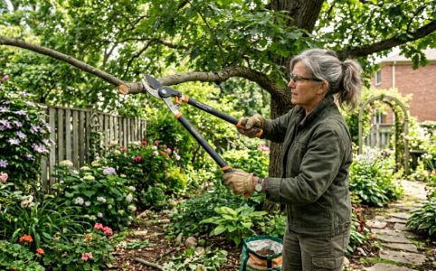 A gardener using ratchet loppers to cut a thick tree branch in a backyard garden