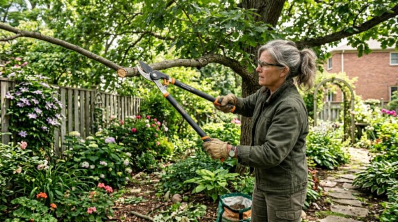 A gardener using ratchet loppers to cut a thick tree branch in a backyard garden