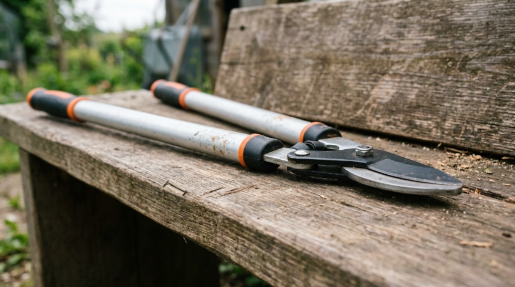 Close-up of tree branch trimmers with long aluminum handles resting on a wooden surface