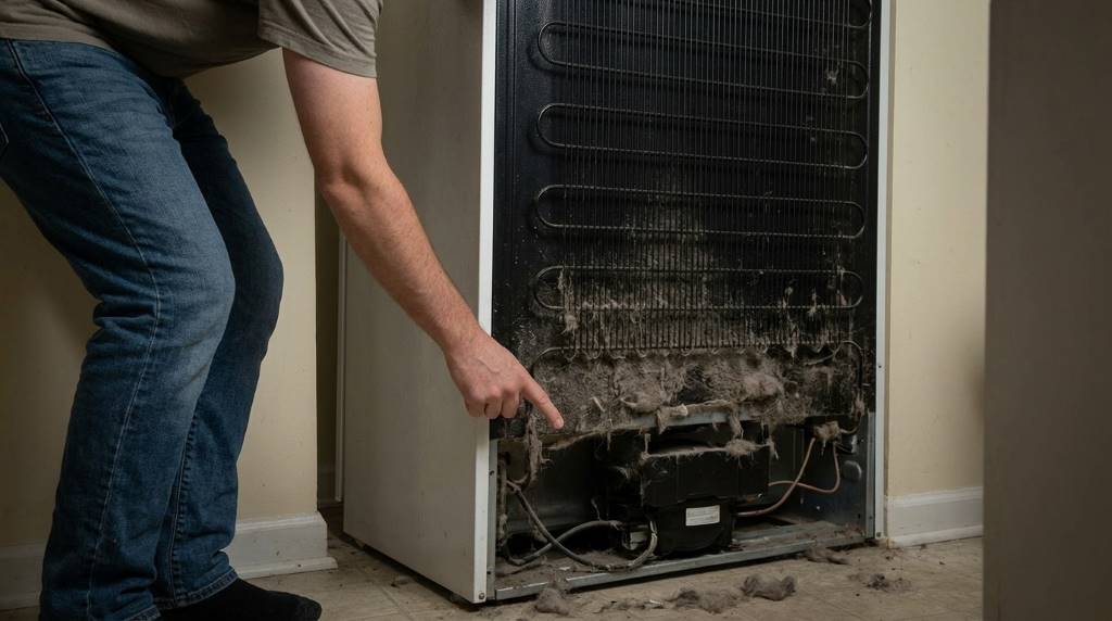 Condenser coil cleaning for apartment refrigerator in humid climate