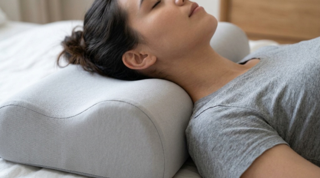 Close-up of a cervical support pillow showing its curved shape designed to cradle the neck and relieve pressure
