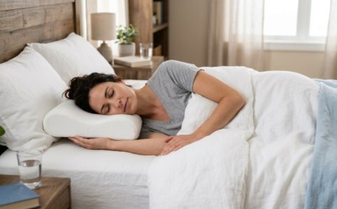 A person sleeping on a contoured ergonomic pillow with proper neck and spine alignment on a white bed