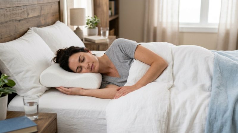 A person sleeping on a contoured ergonomic pillow with proper neck and spine alignment on a white bed