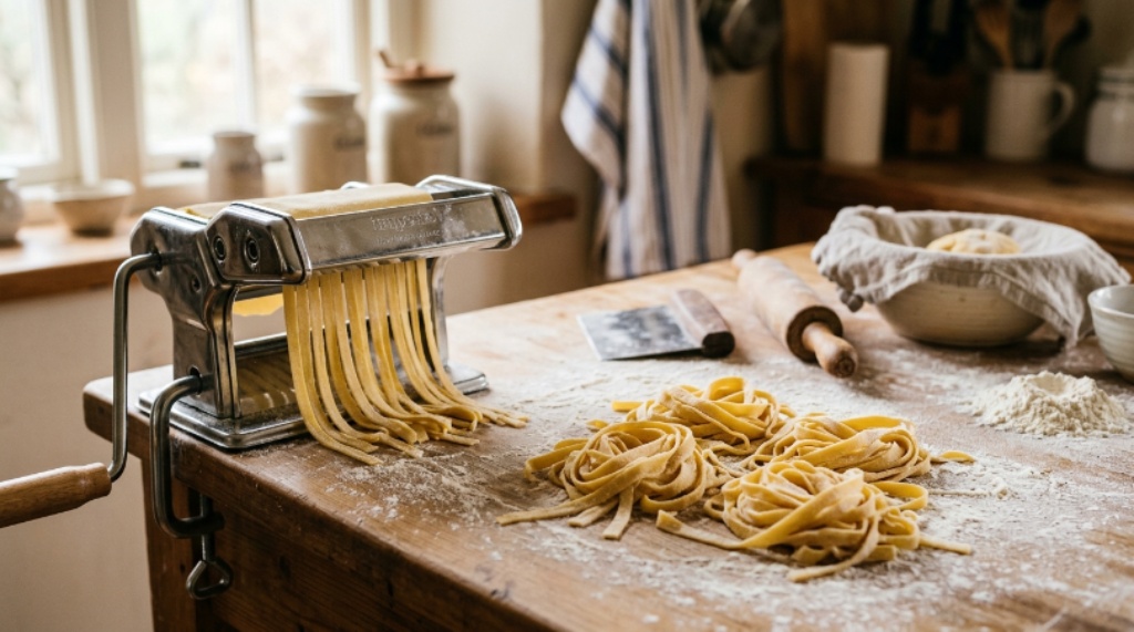 Homemade fettuccine noodles cut with a DIY pasta maker resting on a floured surface