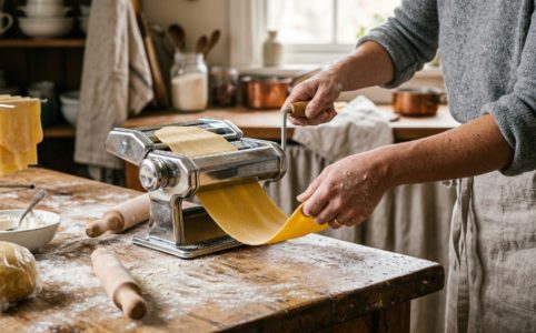 Hands rolling fresh pasta dough through a manual pasta machine on a floured wooden countertop