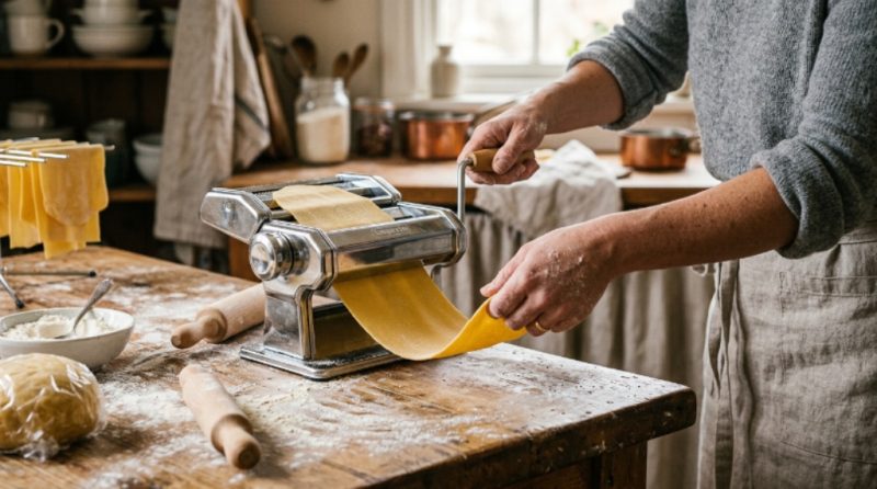 Hands rolling fresh pasta dough through a manual pasta machine on a floured wooden countertop