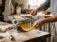 Hands rolling fresh pasta dough through a manual pasta machine on a floured wooden countertop