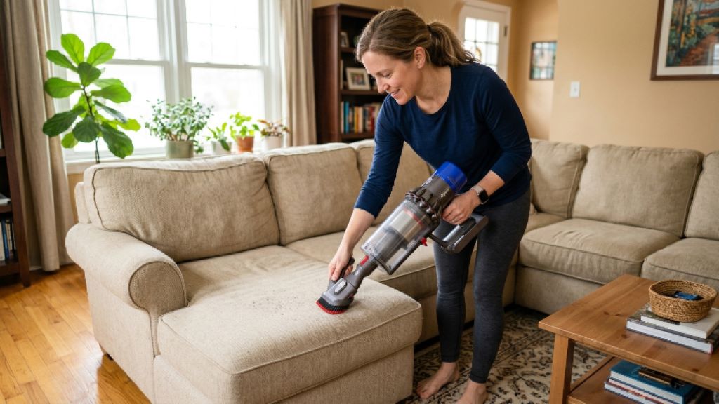A woman vacuuming a beige upholstered couch with a cordless stick vacuum and upholstery brush attachment