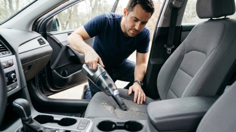 A man using a lightweight cordless handheld vacuum to clean a gray fabric car seat interior