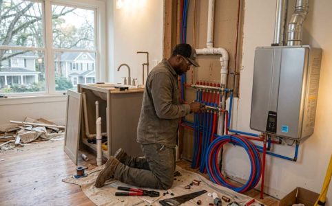 Modern Atlanta home renovation with upgraded PEX plumbing pipes installed behind bathroom walls